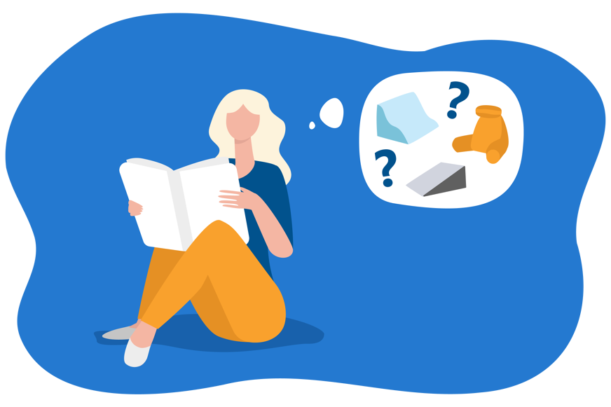 Ilustração de uma mulher lendo e pensando sobre tipos diferentes de travesseiros.